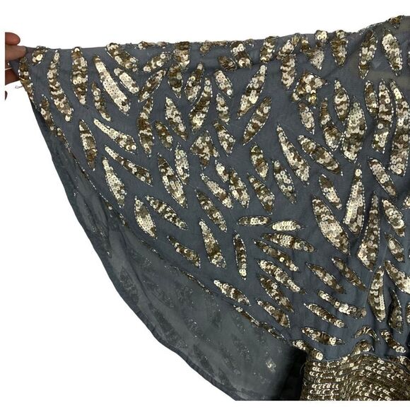 Mac Duggal Dress 20W Gold Blue Embellished Cape Sleeve Cocktail Metallic Sequin - Picture 5 of 11